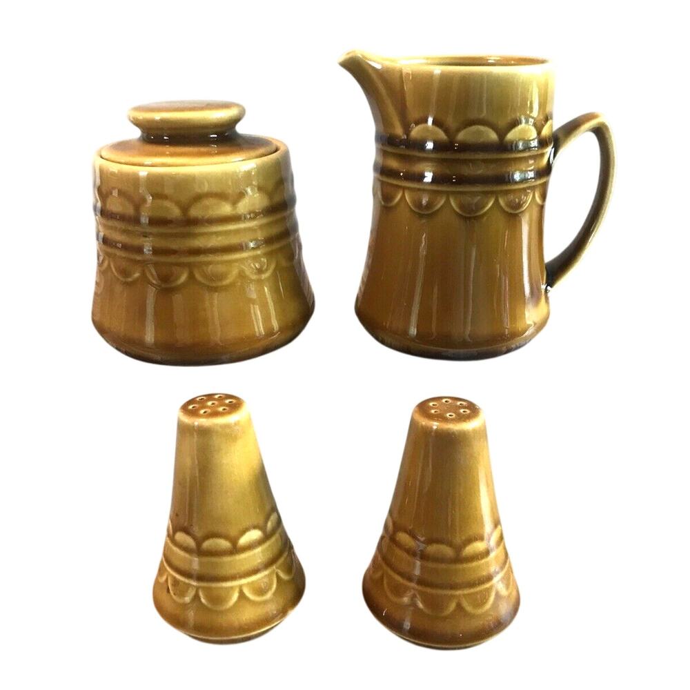 Vintage MCM Caramel Brown Ceramic Creamer Sugar Salt Pepper Set Japan 4 Pc